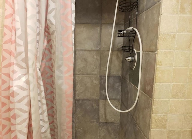 room details featuring a shower with shower curtain