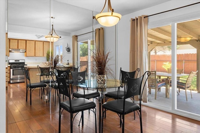 dining space with dark hardwood / wood-style floors