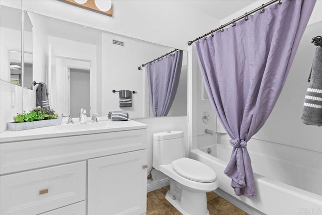 full bathroom with vanity, shower / bathtub combination with curtain, and toilet