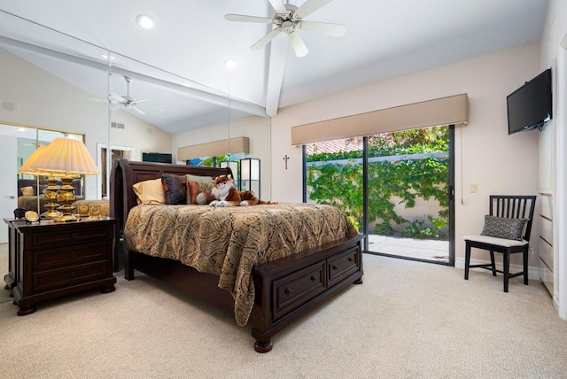 carpeted bedroom with ceiling fan, access to outside, and vaulted ceiling with beams