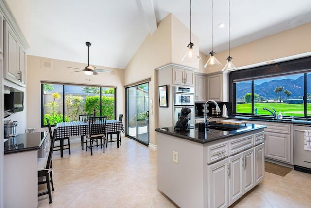 kitchen featuring ceiling fan, sink, dishwasher, and an island with sink