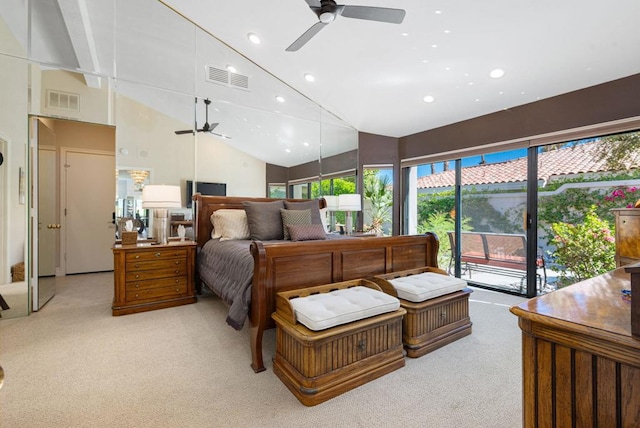 carpeted bedroom featuring high vaulted ceiling, access to exterior, and ceiling fan