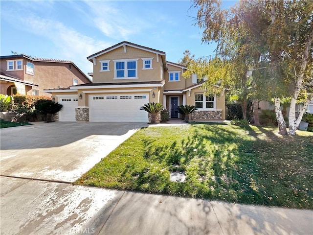 46332 Kohinoor Way, Temecula, CA 92592 - view of front of home featuring stucco siding, stone siding, a garage, a front yard, and driveway