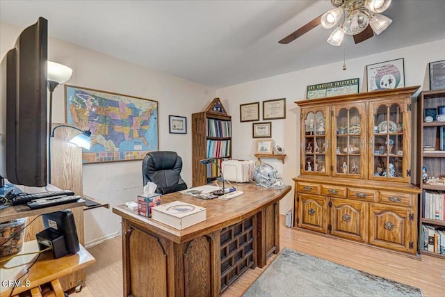 office area featuring ceiling fan and light hardwood / wood-style floors