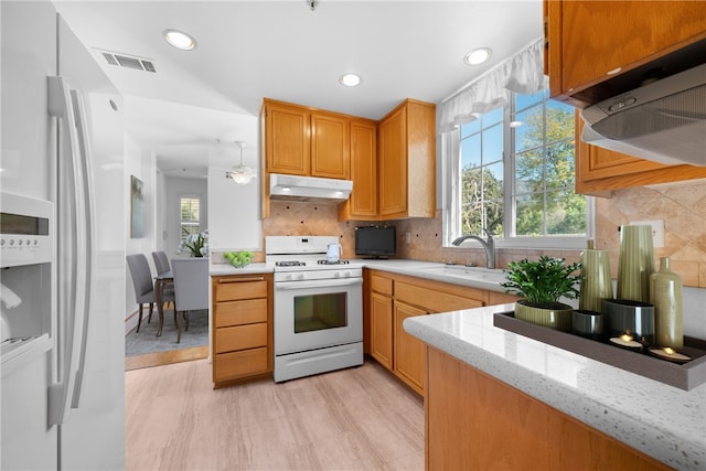 kitchen featuring plenty of natural light, light hardwood / wood-style flooring, white appliances, and sink