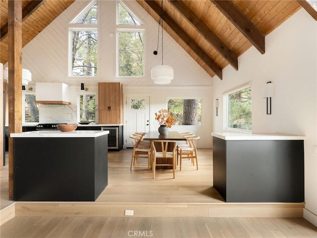 kitchen featuring high vaulted ceiling, hanging light fixtures, light hardwood / wood-style floors, a healthy amount of sunlight, and wood ceiling