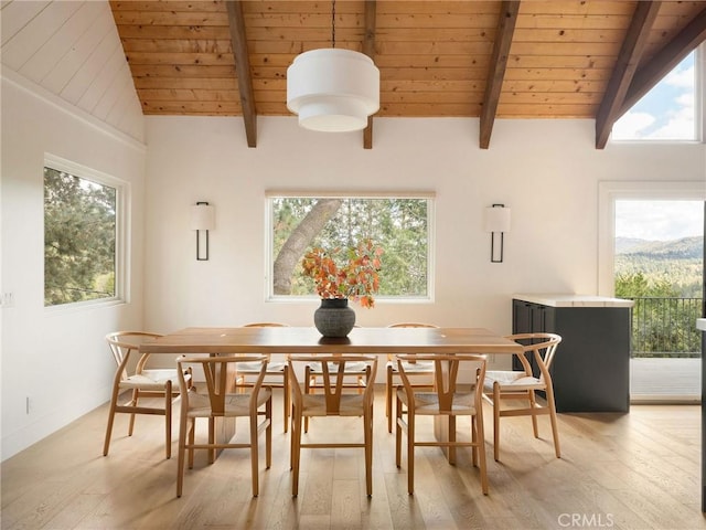 dining space featuring beamed ceiling, light hardwood / wood-style floors, and a wealth of natural light