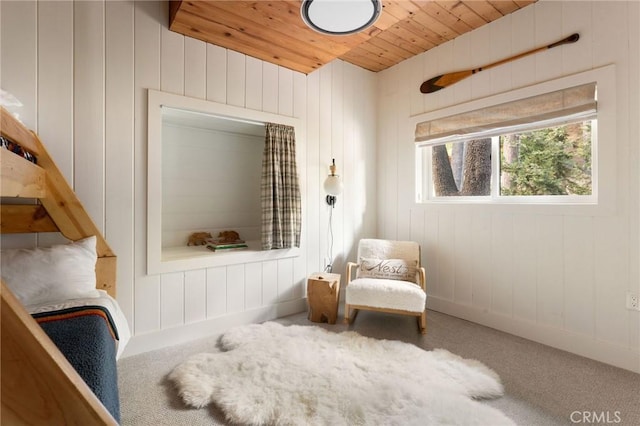 living area featuring wood walls and wooden ceiling