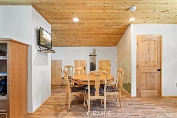 dining room with lofted ceiling, light hardwood / wood-style floors, and wooden ceiling