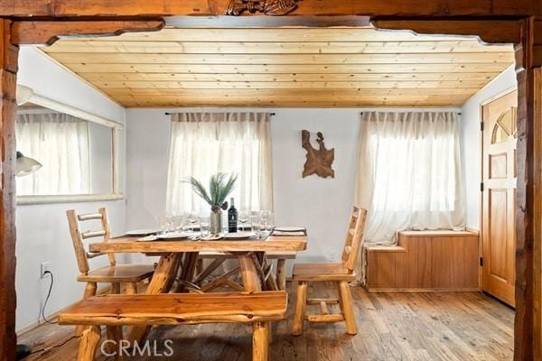 dining space featuring light hardwood / wood-style floors and wood ceiling