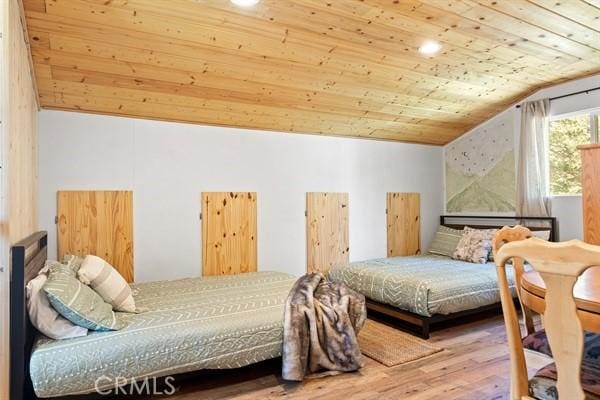33544 Green Valley Lake Rd, Green Valley Lake, CA 92341 - bedroom featuring wooden ceiling, wood finished floors, lofted ceiling, and recessed lighting