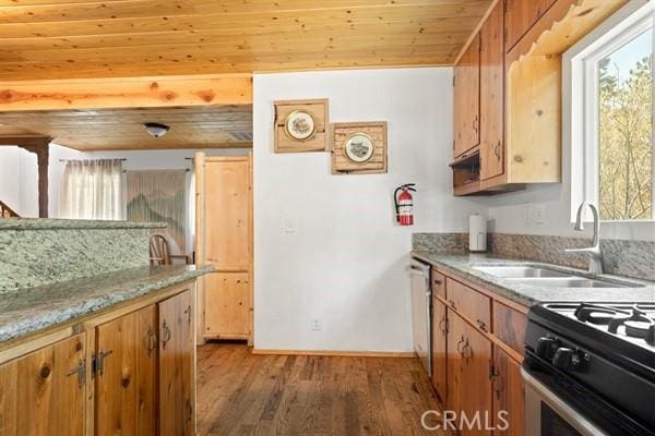 kitchen featuring sink, dark hardwood / wood-style flooring, stainless steel dishwasher, range with electric stovetop, and wood ceiling