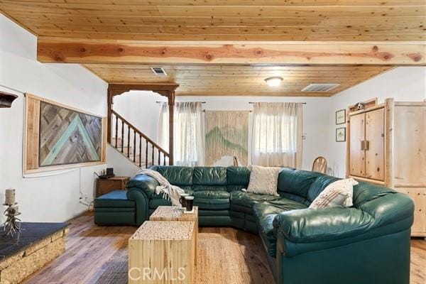 living room with beamed ceiling, wood-type flooring, and wood ceiling