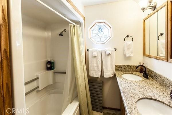 33544 Green Valley Lake Rd, Green Valley Lake, CA 92341 - bathroom with double vanity and shower / tub combo with curtain