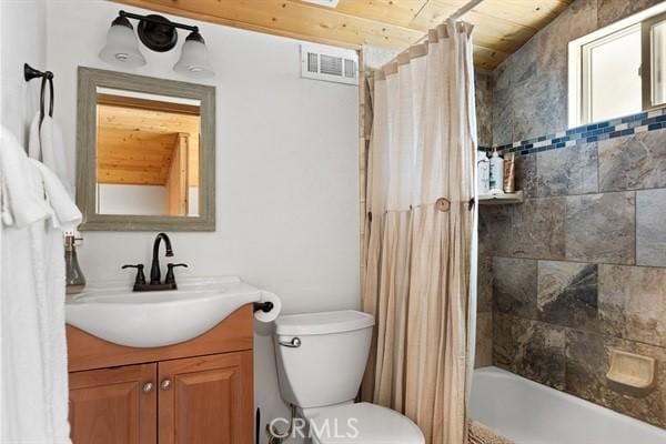 full bathroom with vanity, toilet, wooden ceiling, and shower / tub combo