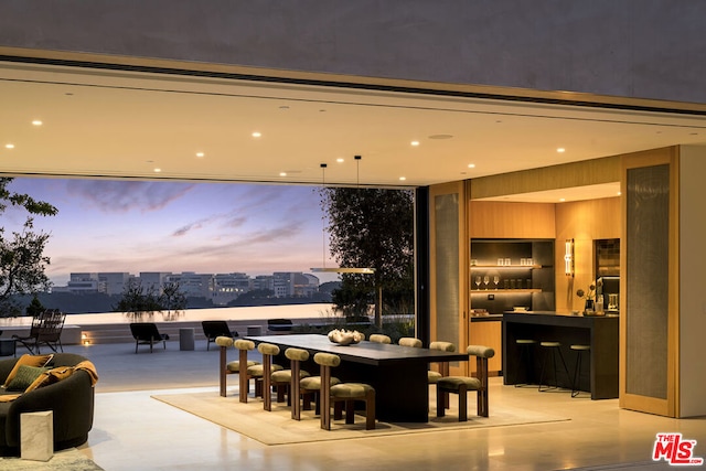 dining area with a water view