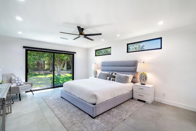 bedroom with ceiling fan and access to outside