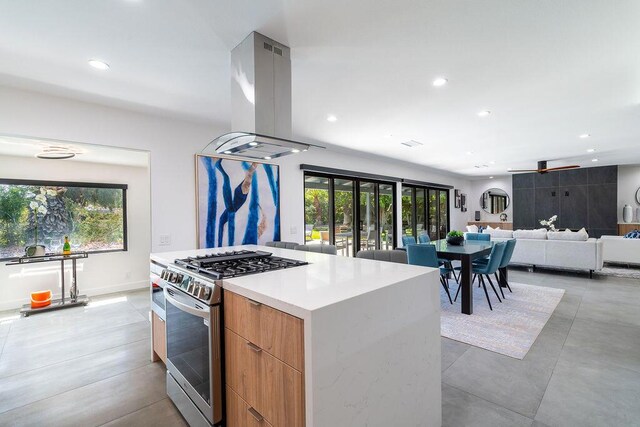 kitchen with stainless steel gas range oven, a wealth of natural light, a center island, and island exhaust hood