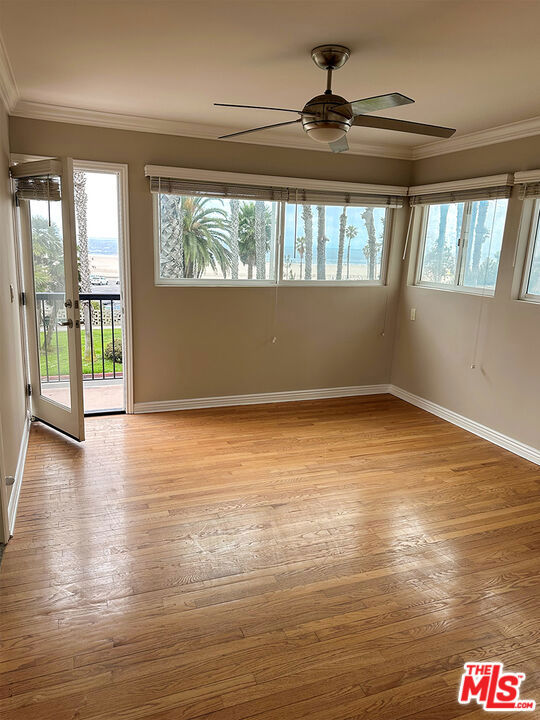 unfurnished room featuring ceiling fan, light hardwood / wood-style flooring, and ornamental molding