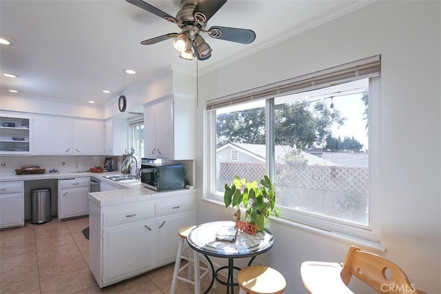 kitchen with tasteful backsplash, plenty of natural light, white cabinets, and sink