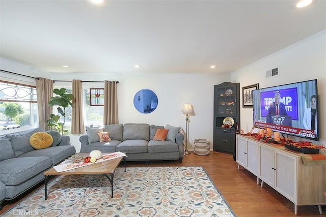 living room with light wood-type flooring and crown molding