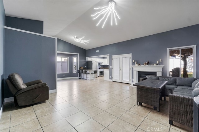 tiled living room featuring lofted ceiling