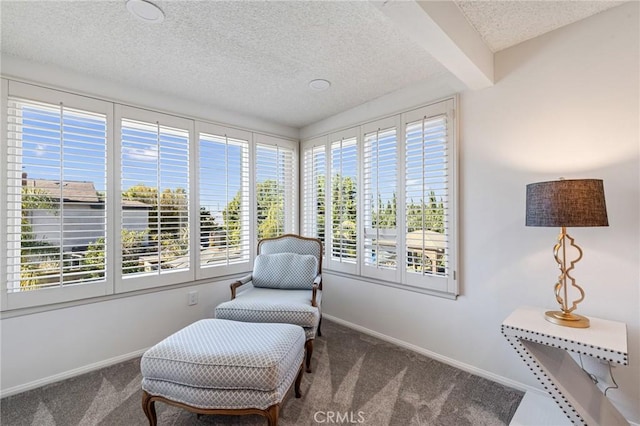 living area featuring a textured ceiling, carpet floors, and beamed ceiling