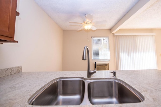 details featuring a textured ceiling, ceiling fan, and sink