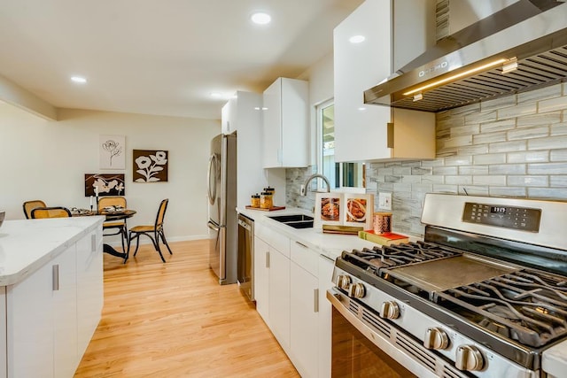 kitchen with wall chimney exhaust hood, white cabinetry, stainless steel appliances, and decorative backsplash