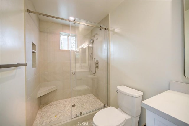 bathroom with vanity, an enclosed shower, and toilet