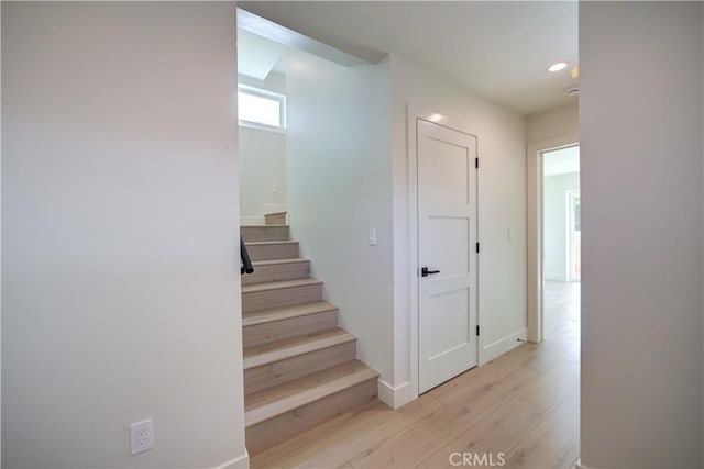 stairs with hardwood / wood-style flooring