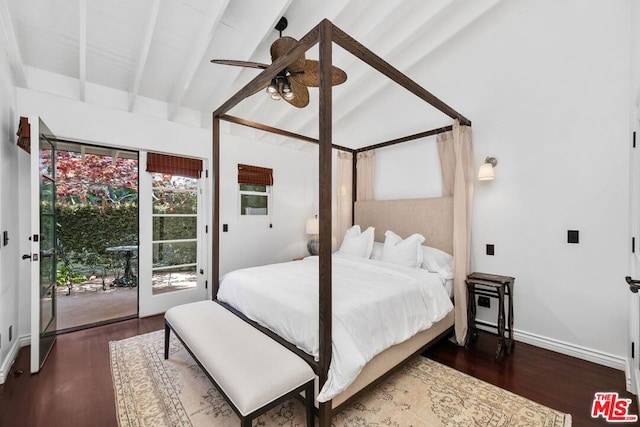 bedroom with beamed ceiling, ceiling fan, access to exterior, and dark wood-type flooring