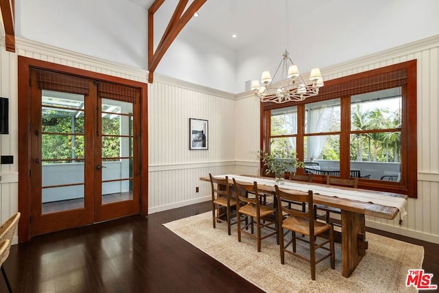 dining room featuring a wealth of natural light, french doors, dark wood-type flooring, and a notable chandelier