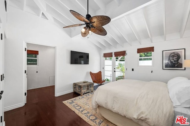 bedroom featuring access to outside, french doors, lofted ceiling with beams, ceiling fan, and dark hardwood / wood-style floors