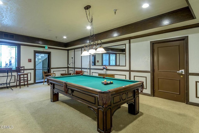 playroom featuring light carpet, a tray ceiling, and billiards