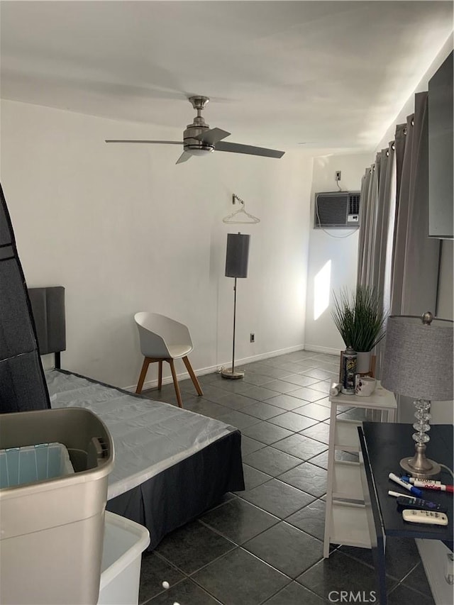 tiled living room with pool table, ceiling fan, and a wall unit AC