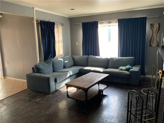 living room featuring dark hardwood / wood-style floors and ornamental molding