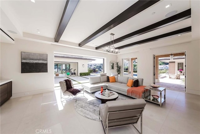 tiled living room with beamed ceiling