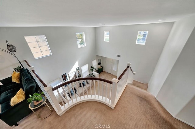 stairway featuring carpet and a high ceiling