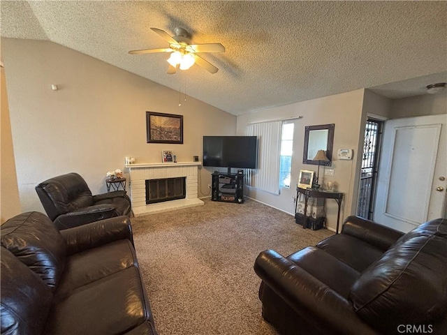 living room featuring a textured ceiling, carpet floors, vaulted ceiling, and a brick fireplace