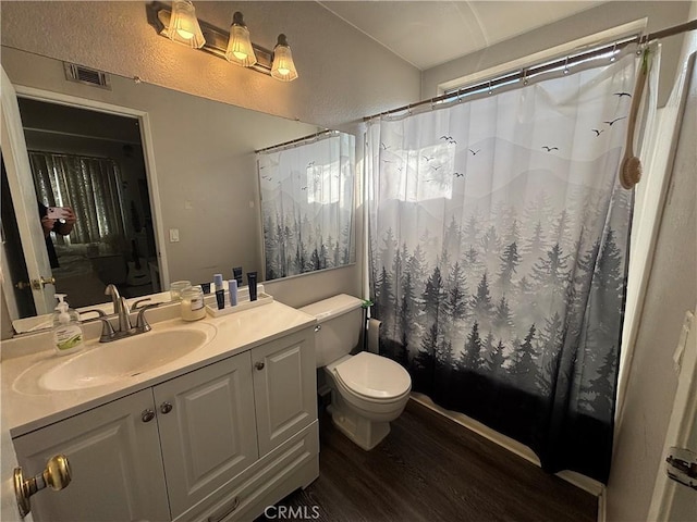 bathroom featuring vanity, hardwood / wood-style flooring, and toilet