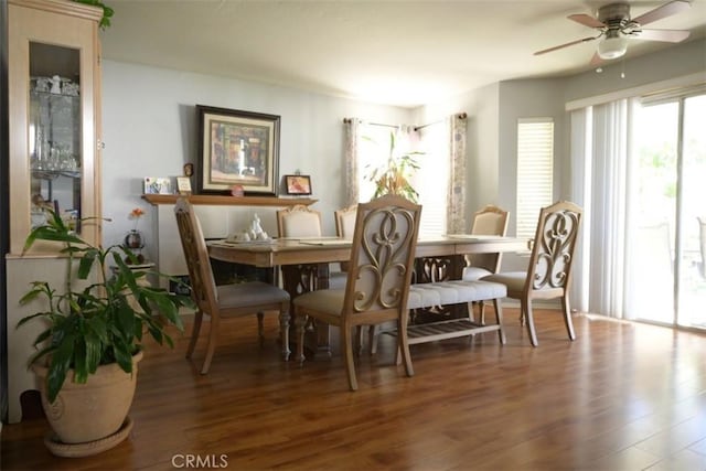 dining space featuring hardwood / wood-style floors and ceiling fan