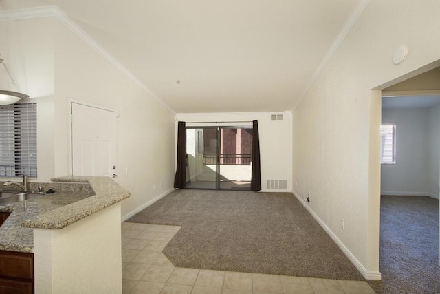 interior space with sink, ornamental molding, and light carpet