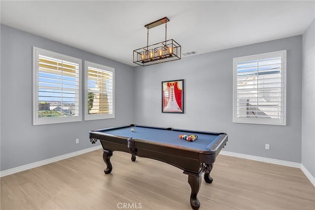 playroom featuring billiards and light wood-type flooring