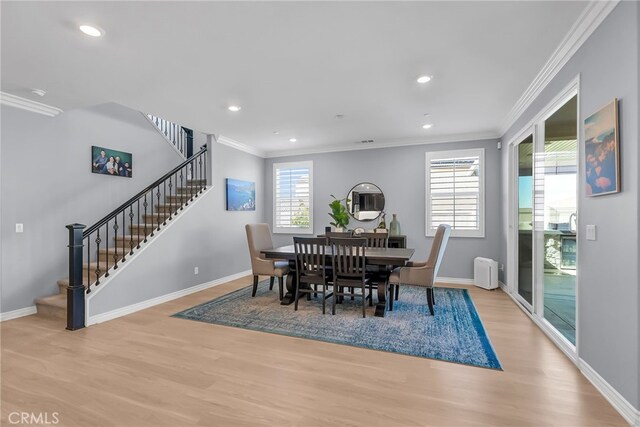 16568 Fleur Blvd, Riverside, CA 92503 - dining room with light wood finished floors, stairway, crown molding, and recessed lighting