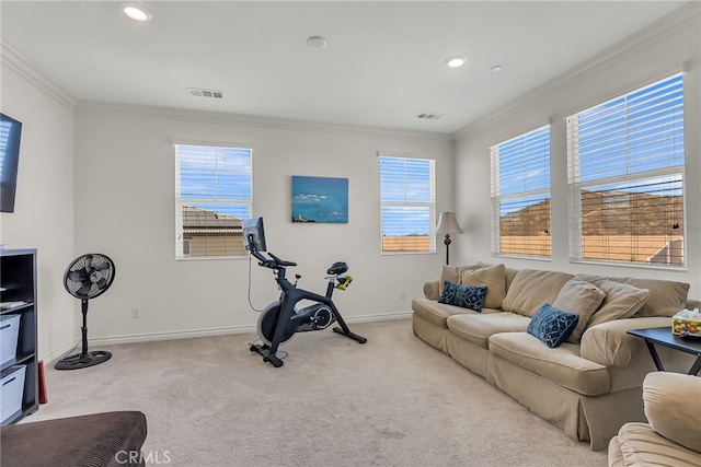 16568 Fleur Blvd, Riverside, CA 92503 - exercise area featuring crown molding, carpet floors, and recessed lighting