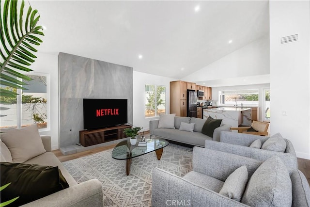 living room featuring light hardwood / wood-style floors, a fireplace, and high vaulted ceiling