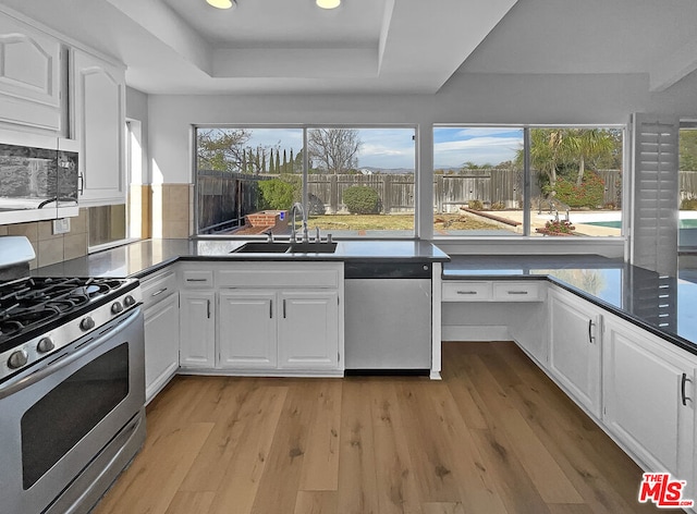 kitchen featuring appliances with stainless steel finishes, a raised ceiling, sink, light hardwood / wood-style floors, and white cabinetry