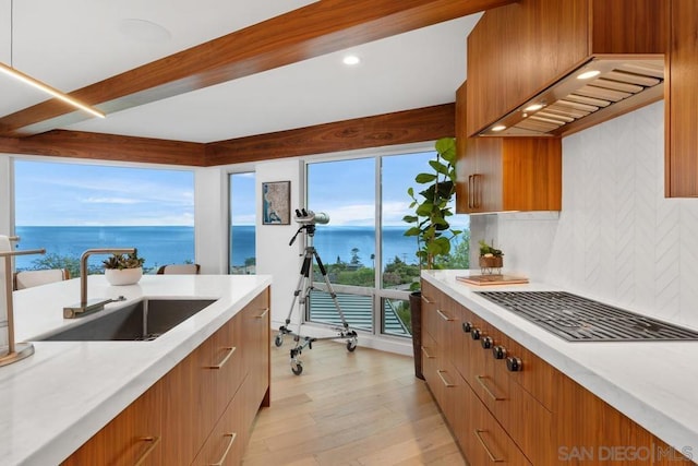 kitchen with decorative backsplash, custom range hood, sink, a water view, and light hardwood / wood-style floors