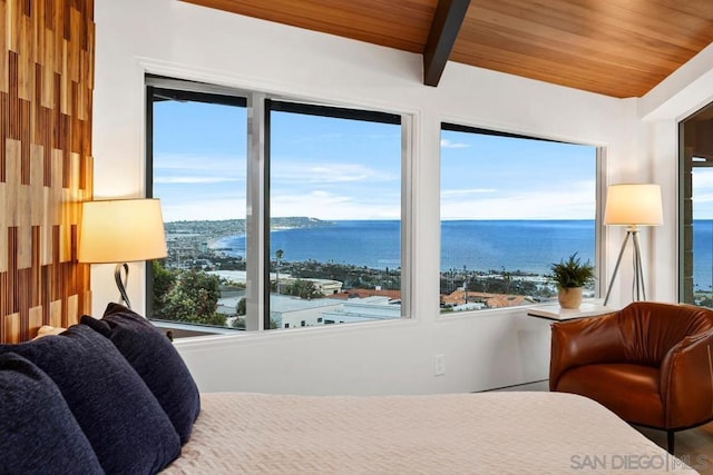 bedroom featuring beam ceiling, a water view, multiple windows, and hardwood / wood-style floors